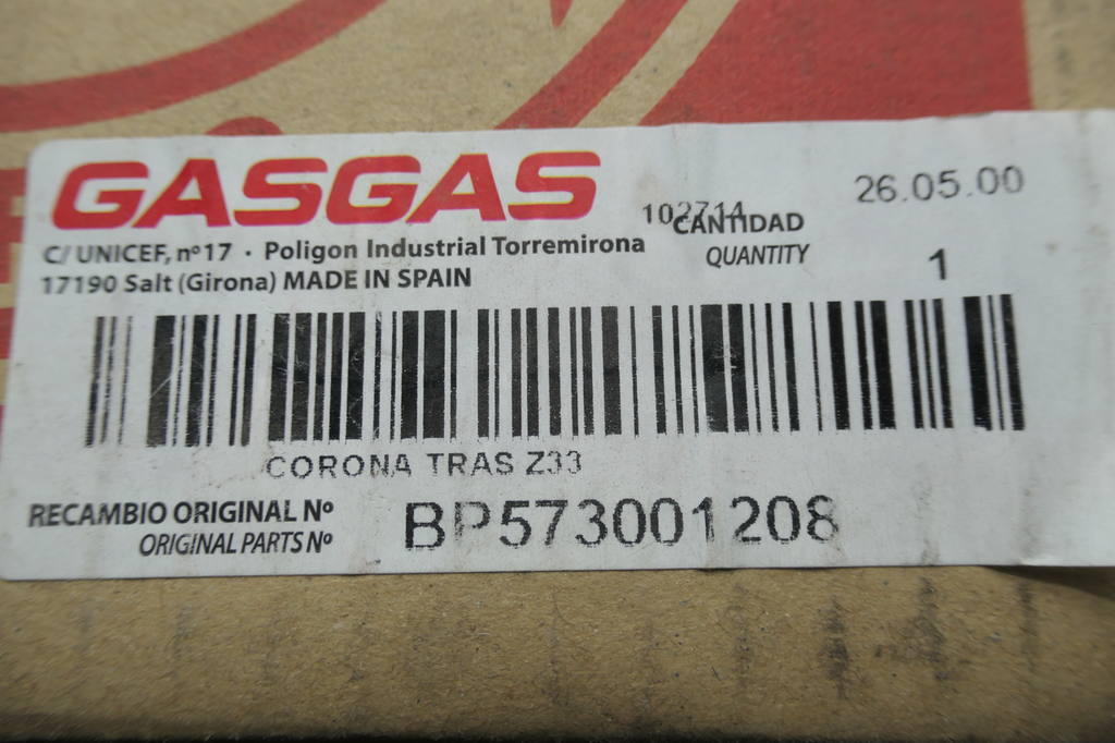 Gas Gas Halley EH125, 33 Teeth Rear Sprocket, Genuine, NOS, BP573001208 available at Moto-Classic from 29.95