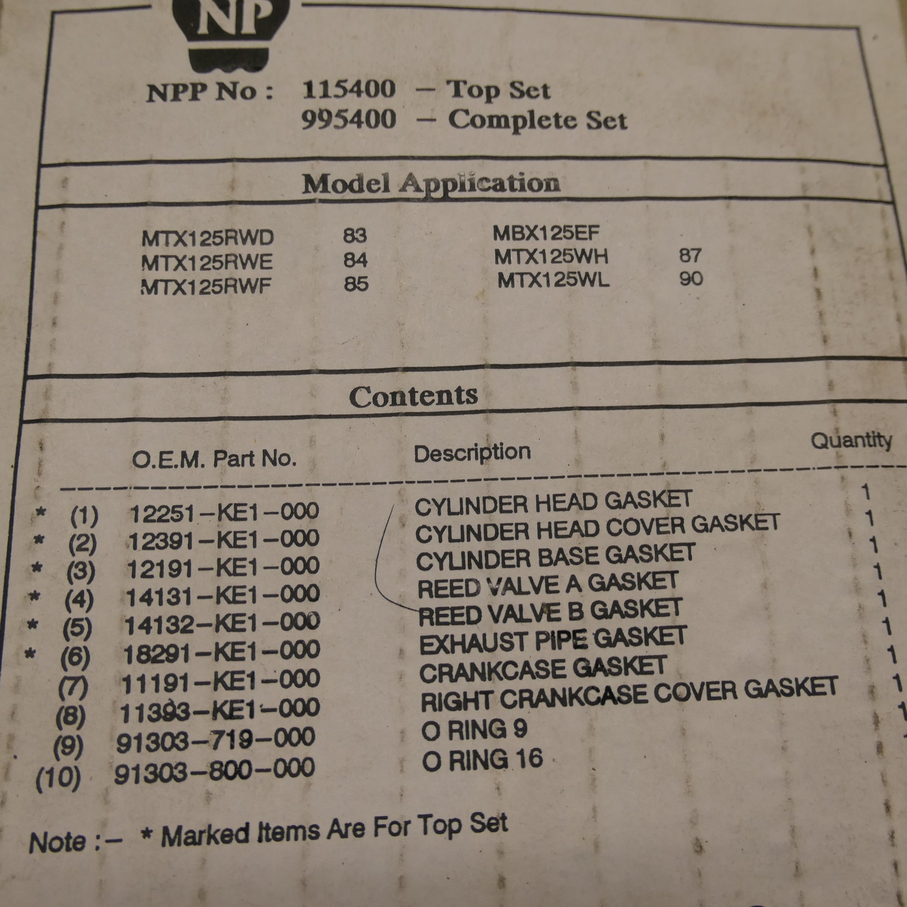 Honda MTX MBX ,Top end Gasket Set, Genuine NOS 115400