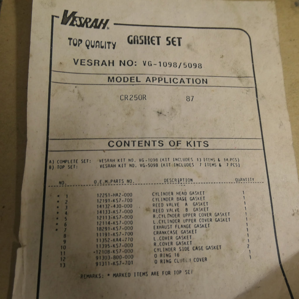 Honda CR250R 1987 ,Top End Gasket Set, Genuine NOS. VG-5098