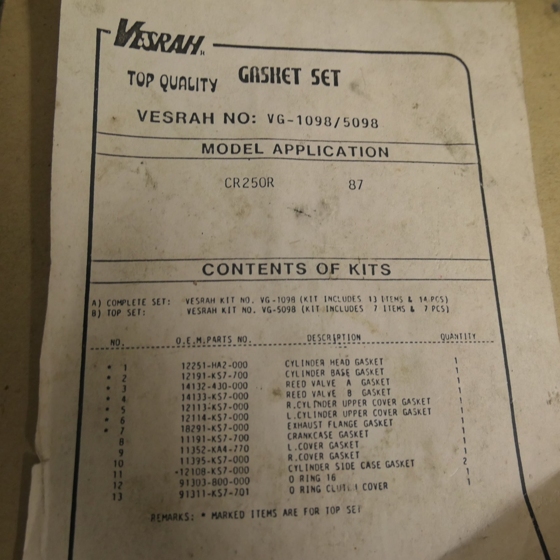 Honda CR250R 1987 ,Top End Gasket Set, Genuine NOS. VG-5098
