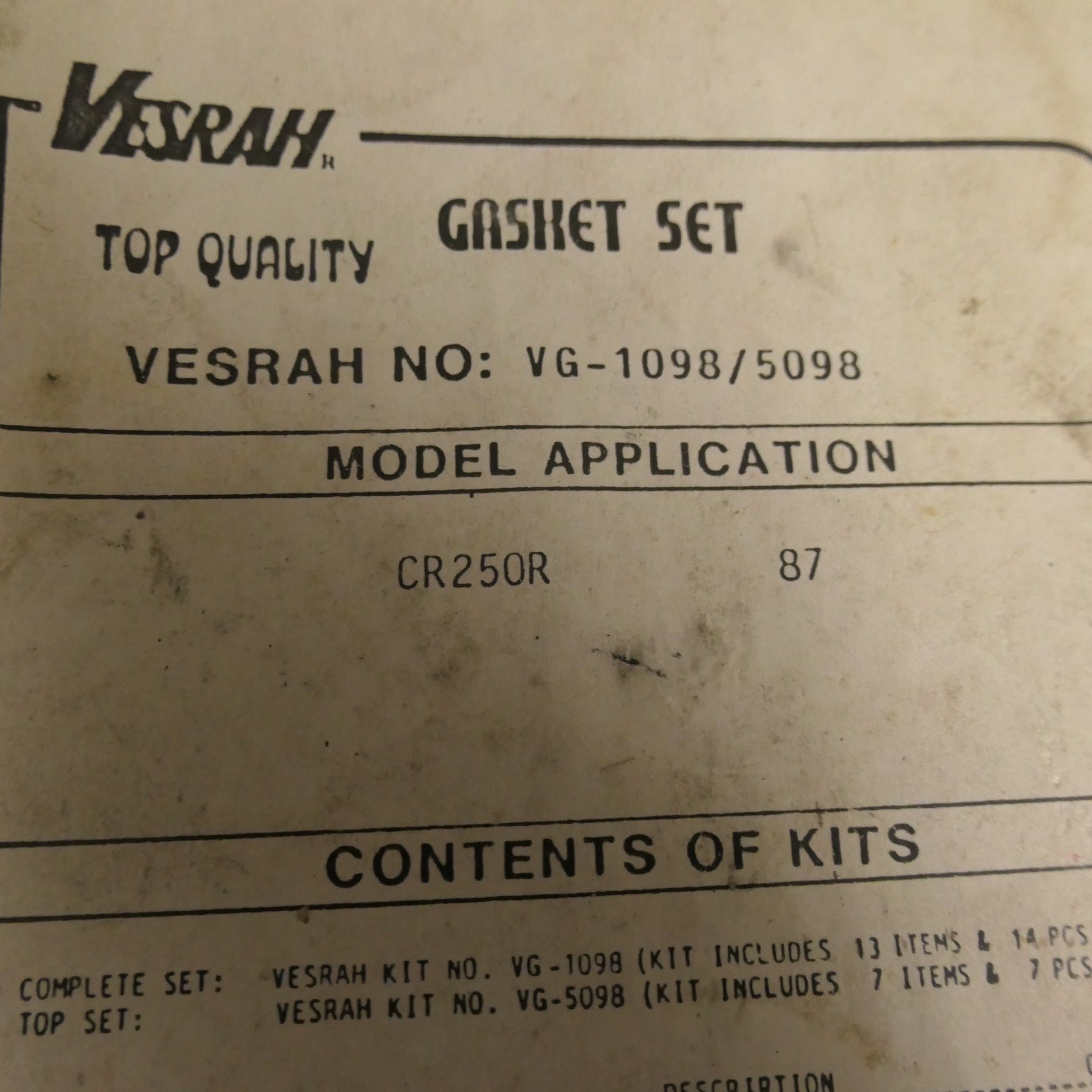 Honda CR250R 1987 ,Top End Gasket Set, Genuine NOS. VG-5098