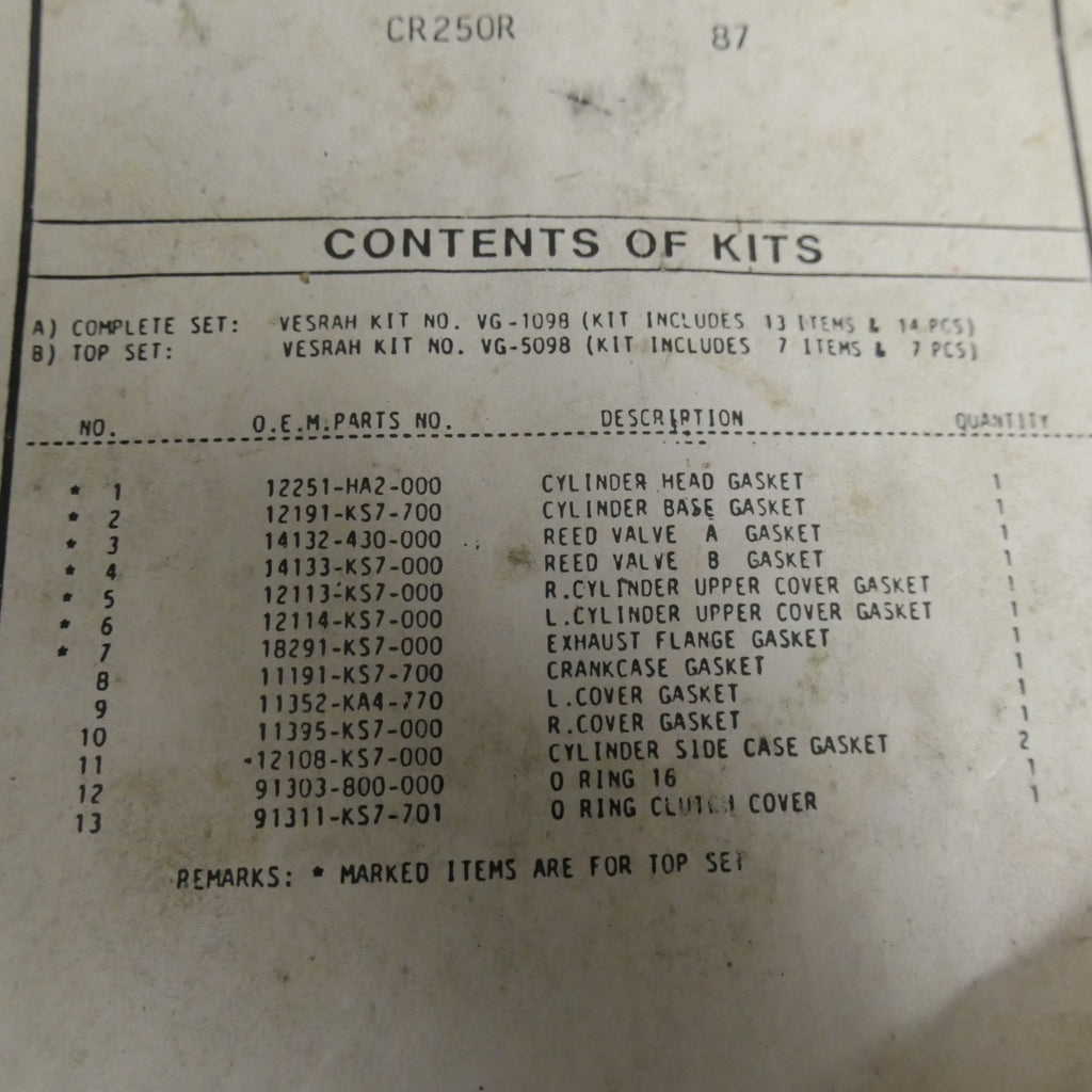Honda CR250R 1987 ,Top End Gasket Set, Genuine NOS. VG-5098