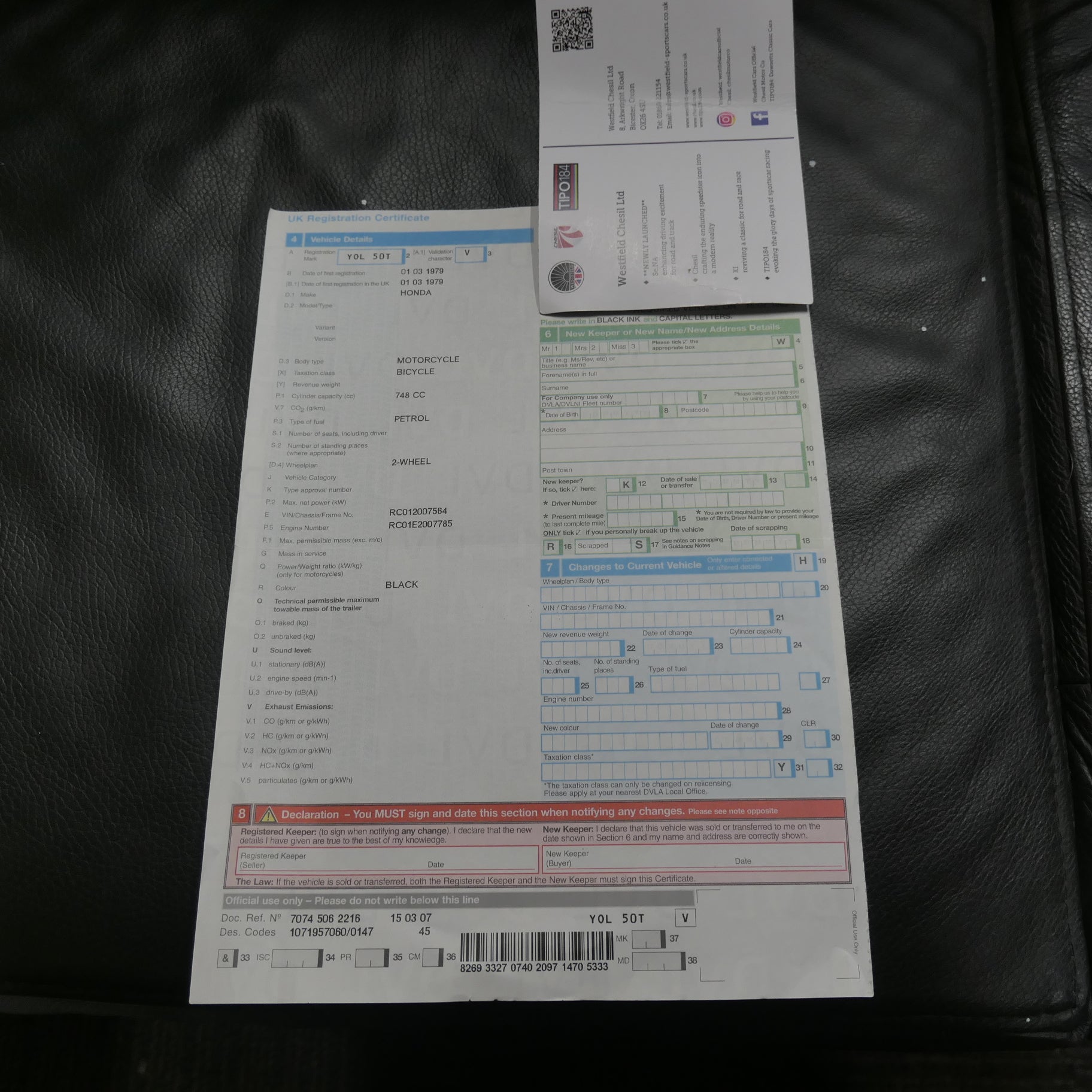Honda CB750 4 ,Frame and Swing Arm, with Centre Stand with V5 Registration Documents