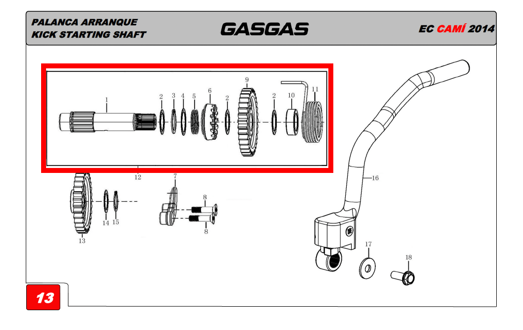 Gas Gas EC Cami AJP PR5 ,Kick Start Shaft, Assembly NOS 21100ME300000