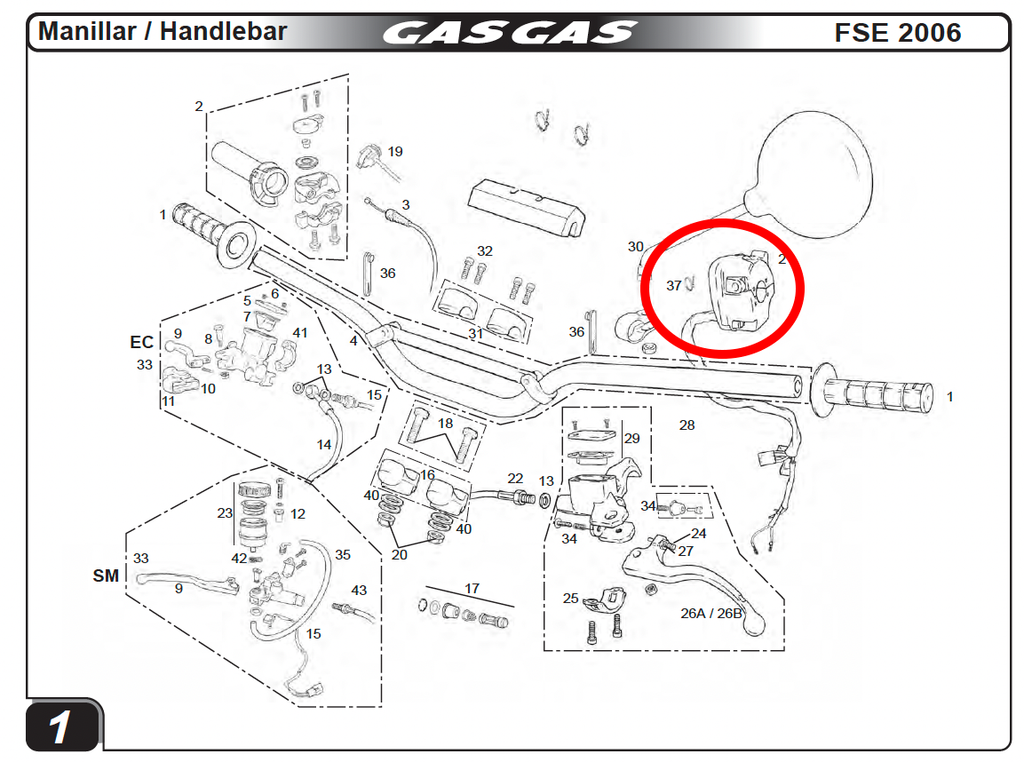 Gas Gas FSE FSR Pampera ,Left Side Light Switch, Genuine NOS BFS450534001