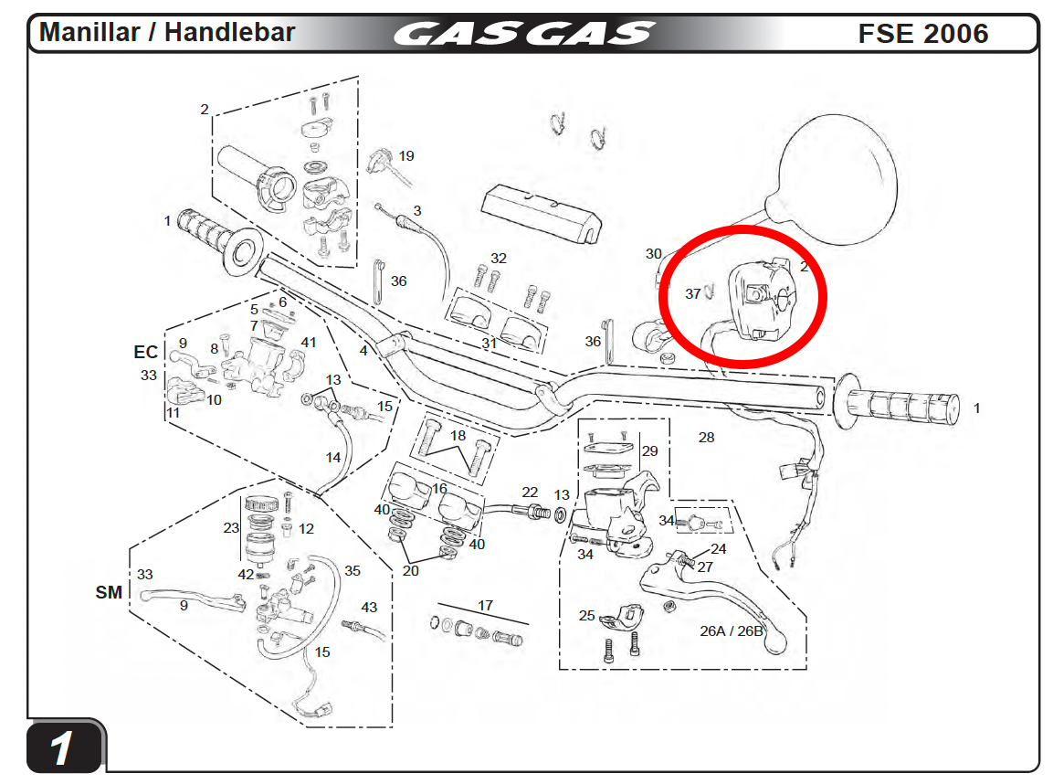 Gas Gas FSE FSR Pampera ,Left Side Light Switch, Genuine NOS BFS450534001
