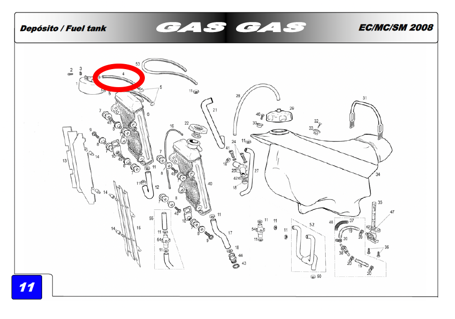 Gas Gas EC MC SM EH 2007-2010 Radiator to ,Expansion Tank Hose,  BE250732008