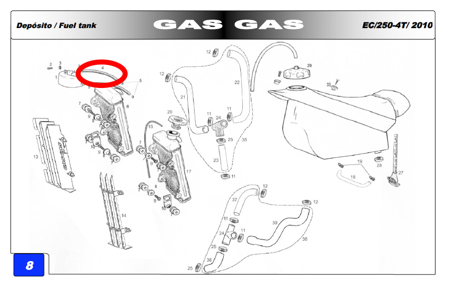 Gas Gas EC MC SM EH 2007-2010 Radiator to ,Expansion Tank Hose,  BE250732008