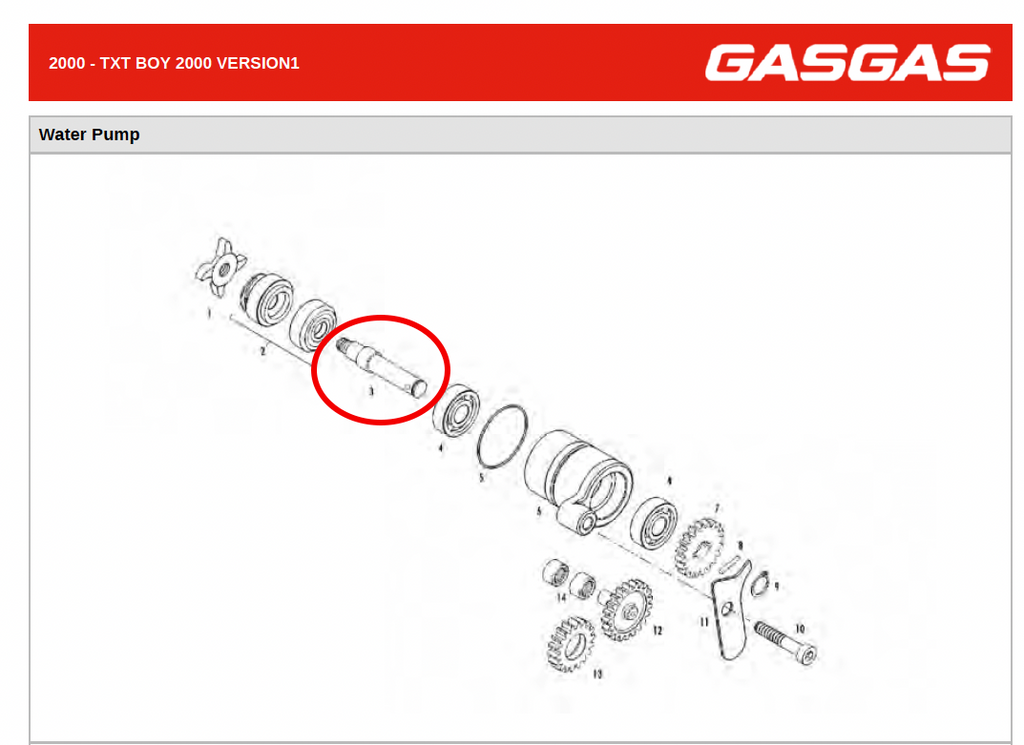 Gas Gas TXT Boy ,Water Pump Shaft, Genuine NOS MIT50010006